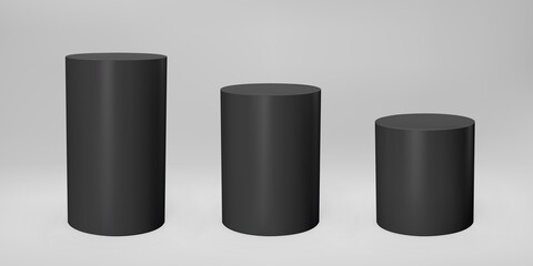 Black 3d cylinder front view and levels with perspective isolated on grey background. Cylinder pillar, empty museum stages, pedestals or product podium. 3d basic geometric shapes vector illustration