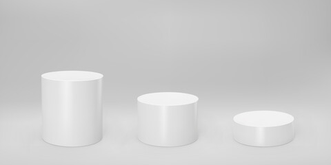 White 3d cylinder front view and levels with perspective isolated on grey background. Cylinder pillar, empty museum stages, pedestals or product podium. 3d basic geometric shapes vector illustration