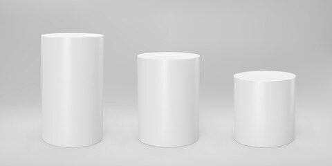 White 3d cylinder front view and levels with perspective isolated on grey background. Cylinder pillar, empty museum stages, pedestals or product podium. 3d basic geometric shapes vector illustration