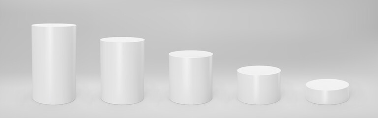 White 3d cylinder front view and levels with perspective isolated on grey background. Cylinder pillar, empty museum stages, pedestals or product podium. 3d basic geometric shapes vector illustration - obrazy, fototapety, plakaty