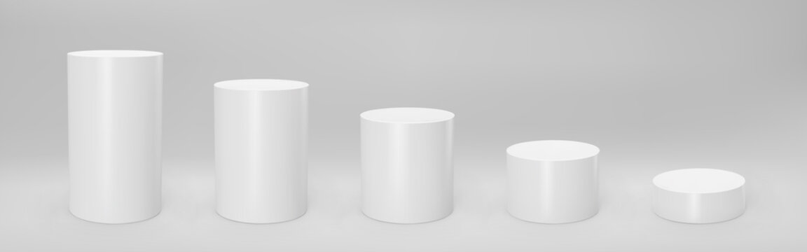 White 3d cylinder front view and levels with perspective isolated on grey background. Cylinder pillar, empty museum stages, pedestals or product podium. 3d basic geometric shapes vector illustration