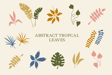Fototapeta na wymiar Tropical plants, leaves. Summertime nature objects. Jungle, modern trendy style. Set elements for design of card, poster and banner