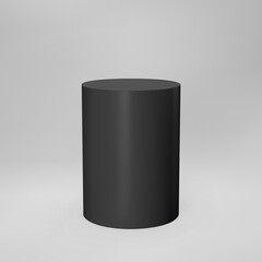 Black 3d cylinder front view with perspective isolated on grey background. Cylinder pillar, empty museum stage, pedestal or product podium. 3d basic geometric shape vector illustration