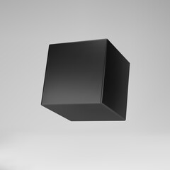 Black 3d modeling cube with perspective isolated on grey background. Render a rotating 3d box in perspective with lighting and shadow. 3d basic geometric shape vector illustration