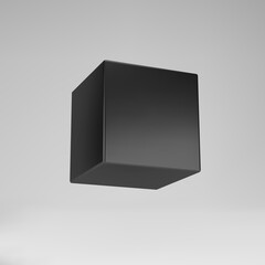 Fototapeta premium Black 3d modeling cube with perspective isolated on grey background. Render a rotating 3d box in perspective with lighting and shadow. 3d basic geometric shape vector illustration
