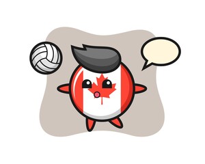 Character cartoon of canada flag badge is playing volleyball
