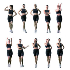 Fototapeta na wymiar Set of attractive fit sporty woman applauding showing muscles or inviting and motivating gestures. Full body isolated on white background. 