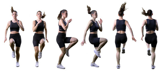 Set of different sprinting and running woman in action front side and back view. Full body isolated on white background. 
