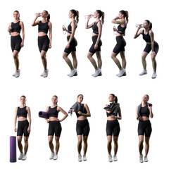 Fototapeta na wymiar Collection of various gym woman drinking water or wiping sweat with towel after workout. Full body isolated on white background. 