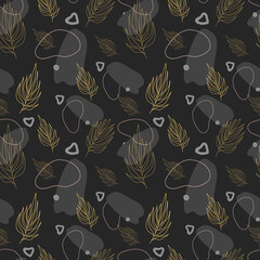 seamless pattern with eucalyptus leaf, palm leaf and branch. Line ornament with plants on dark background