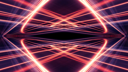Dark abstract background with neon lines, geometric shapes and rays. Multi-color neon light. Night view, movement of light, symmetrical reflection of neon. 3D illustration 