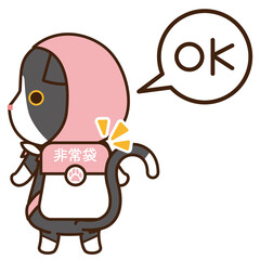 防災頭巾を被って非常袋を背負う猫のイラスト