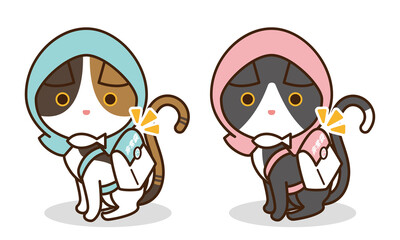 Fototapeta premium 防災頭巾を被って非常袋を背負う猫のイラスト