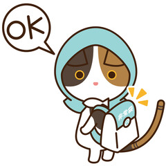 防災頭巾を被って非常袋を背負う猫のイラスト