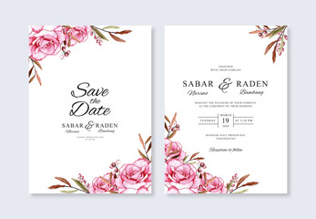 Minimalist wedding card invitation template with watercolor floral