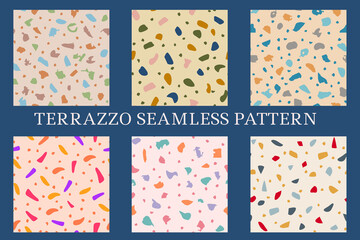 Collection of terrazzo geometric textures. Seamless patterns with colorful shapes. Creative illustration for backdrop, textile print, flooring