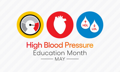 National High Blood pressure (HBP) education month is observed each year in May. it is also called hypertension. vector illustration.