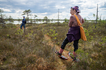 A small group of tourists travels around the reserve. People move through the swamp wearing special devices - bogshoes.