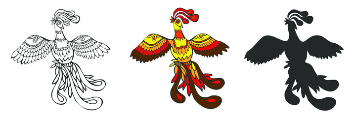 Phoenix, Fire bird or Fenghuang fabulous character. 
A mythical fiery peacock flying with fluffy feathers. Hand drawn design isolated on a white background with its silhouette and outline.