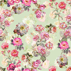 Colorful rosebush. Flowers and butterflies seamless background pattern
