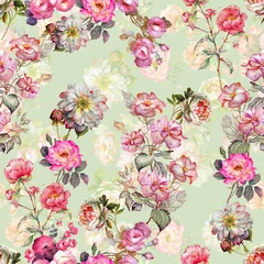 Gordijnen Colorful rosebush. Flowers and butterflies seamless background pattern © Mits