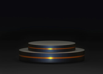 Empty podium or pedestal display scene on black background with cylinder stand concept. Blank minimal product shelf standing backdrop. Stage platform showcase, product, sale, banner, cosmetic. 3D rend