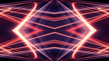Dark abstract background with neon lines, geometric shapes and rays. Multi-color neon light. Night view, movement of light, symmetrical reflection of neon. 3D illustration 