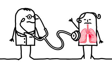 Cartoon Doctor using Stethoscope and Woman with Pulmonary problems