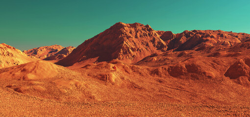 Mars landscape, 3d render of imaginary mars planet terrain, science fiction illustration. © Cobalt