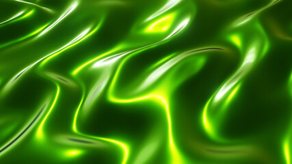 Green chrome metal texture with waves, liquid metallic silk wavy design, 3D render illustration.
