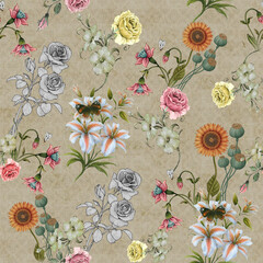 Floral, watercolor seamless pattern. Magnificent delicate flowers