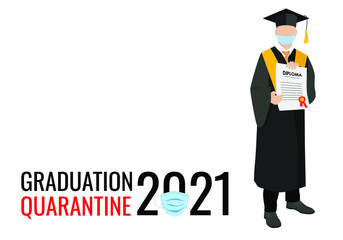 Student in protective mask receives a diploma. Online education concept. Graduation quarantine 2021. Vector illustration