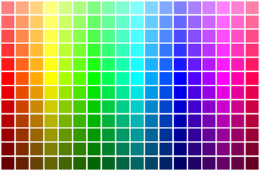 Color palette guide.  RGB color model with intersecting red, green and blue squares.