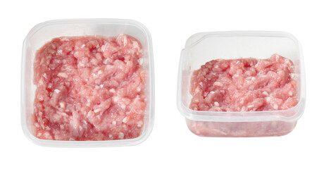 Pork minced in plastic box on white background