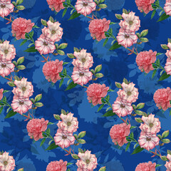 Flowers seamless pattern illustration wallpaper abstract texture on blue