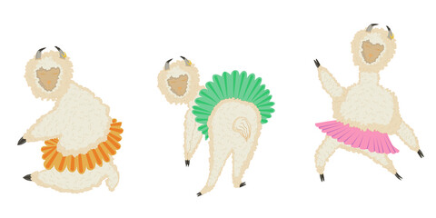 White boarded isolated set of pictures with funny lama ballet dancer set with green skirt.