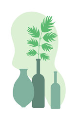 Poster vases with branch. Minimalist wall banner, for interior design, in green pastel colors. Poster composition with various vases and branches of plants, trees. Boho style, trendy design, modern