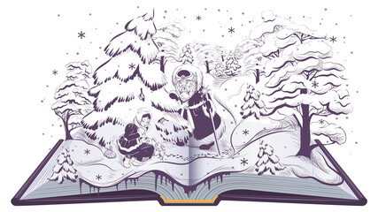 Russian fairy tale morozko stepmother and stepdaughter girl in winter forest and santa claus. Open book