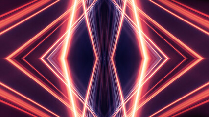 Dark abstract background with neon lines, geometric shapes and rays. Multi-color neon light. Night view, movement of light, symmetrical reflection of neon. 3D illustration 