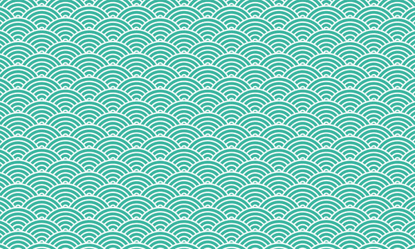 Simple Nature background Japanese Circle Backdrop Patter With Ocean Waves. Seigaiha or Seigainami - Waves of the Sea Japanese Classic Repetitive Pattern Background. Monochrome Green Repeat Background.