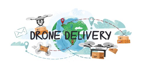 Fototapeta na wymiar Drone delivery poster template. Autonomous transport of the future.Transportation of food, medicines, goods by air. Drones with parcels, envelopes on the background of the globe. Vector illustration