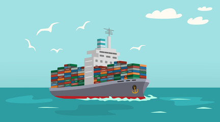 Dry cargo container ship in ocean. Flat cartoon style