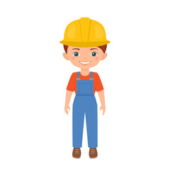 Cute boy character in workwear isolated on white background. Flat cartoon style
