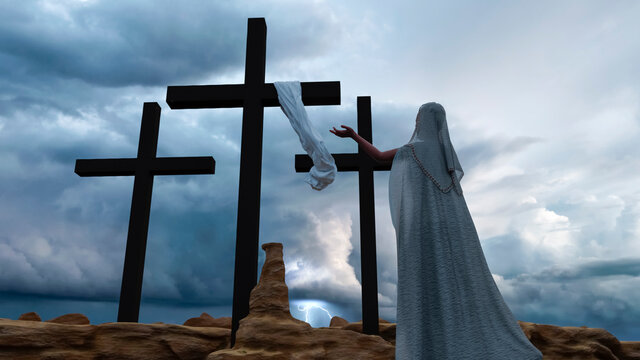 A woman praying in front of Christ cross during a stormy day - Powered by Adobe