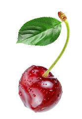 red cherry  with water drops and leaf  isolated white background