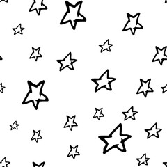 Star vector hand drawn seamless pattern. Simple starry sky background print for fabric, textile, wrapping paper. Infant baby style galaxy design. Printing brochure, poster, party, night print, card