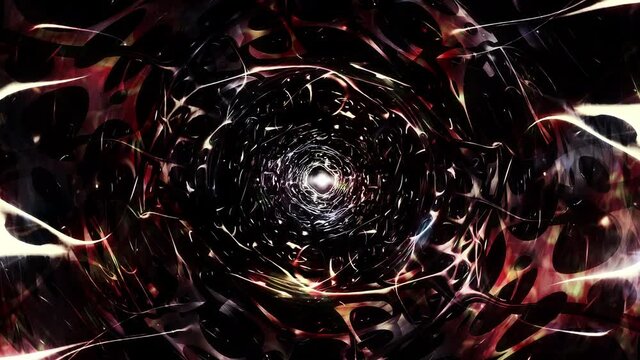 Abstract alien nest cave tunnel with burst flame energy light effect background concept. 4K 3D seamless looping. Creative Sci-Fi Dark Devil Tunnel with Light and Shadow Endless Title Motion. VJ loop.