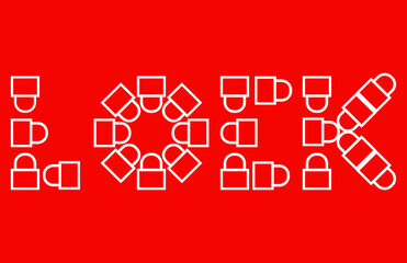 Padlock vector design forming LOCK writing pattern on white color isolated on red background