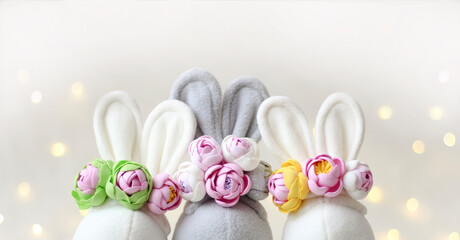 The ears of rabbits and spring flowers.Creative Easter greeting card.