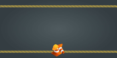 Vector background with orange plastic traffic cones, construction helmet, safety tape and copyspace. Under construction template on dark gray background. Vector illustration. - obrazy, fototapety, plakaty